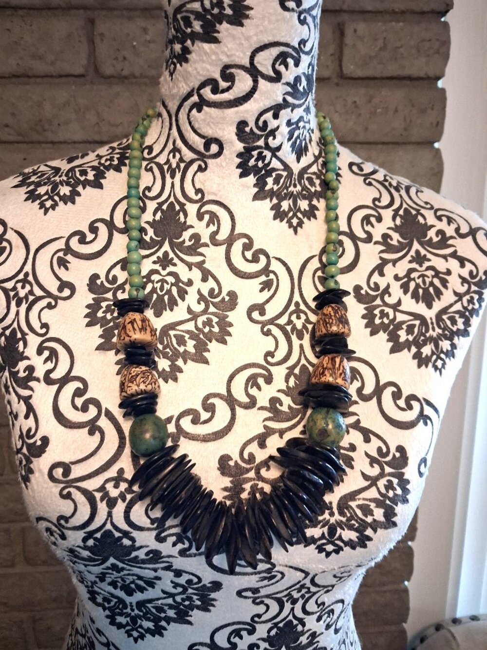 Vintage Chunky Boho Beaded Tribal Necklace Brown And Green Statement Necklace